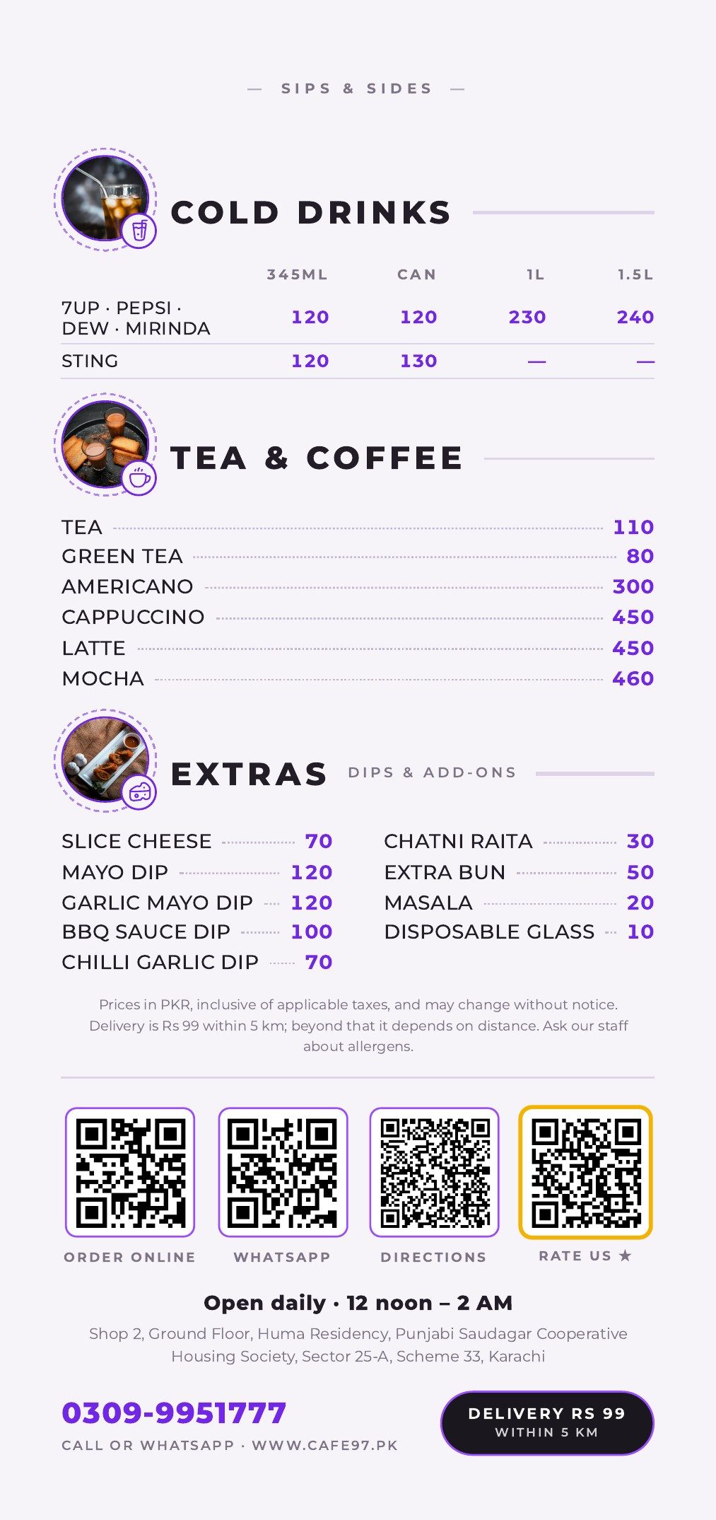 Drinks, extras and contact